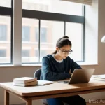 Home 12 속독 훈련법 - **Prompt: A serene, focused student, approximately 18-22 years old, sits comfortably at a tidy woode...