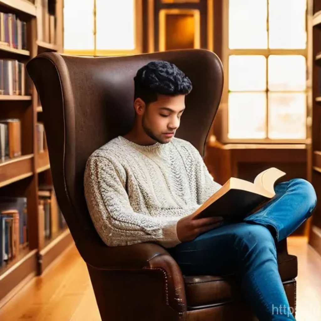 독서와 창의력 관계 연구 - A young man, perhaps in his early twenties, sits comfortably on a plush armchair in a sun-drenched, ...
