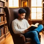 Home 10 독서와 창의력 관계 연구 - A young man, perhaps in his early twenties, sits comfortably on a plush armchair in a sun-drenched, ...