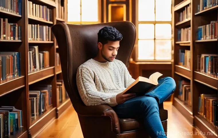 독서와 창의력 관계 연구 - A young man, perhaps in his early twenties, sits comfortably on a plush armchair in a sun-drenched, ...
