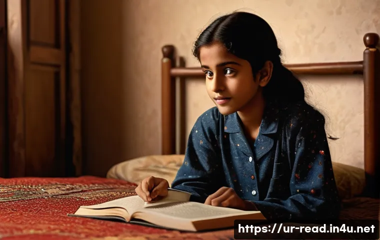 미스터리 소설 추천 - **Prompt:** A cozy, dimly lit bedroom, late at night. A young South Asian girl, around 10-12 years o...